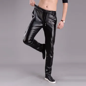 Spring Summer Men Leather Pants Elastic High Waist Lightweight Casual PU Leather Trousers Thin Causal Trousers 1