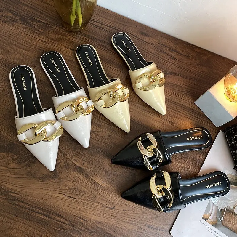 

Women Slippers New Summer Low Heel Shoes Pointed Toe Female Slides Woman Outdoor Buckle Chain Shoe Flip Flops Pantuflas De Mujer