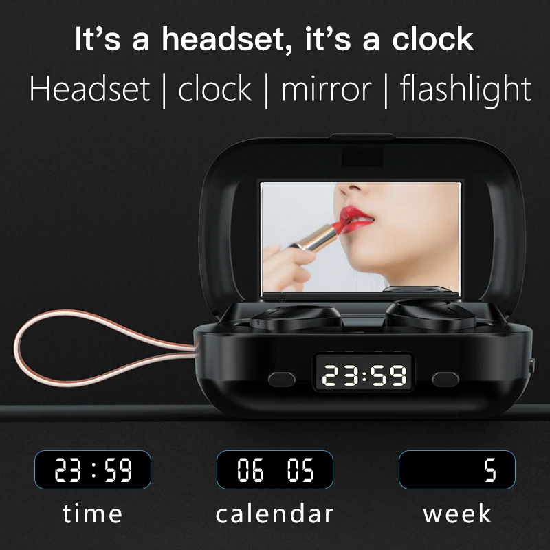 

4 in 1 TWS Bluetooth Headphones with clock mirror flashlight headset 9D Stereo Wireless Headphone Earbuds HD call