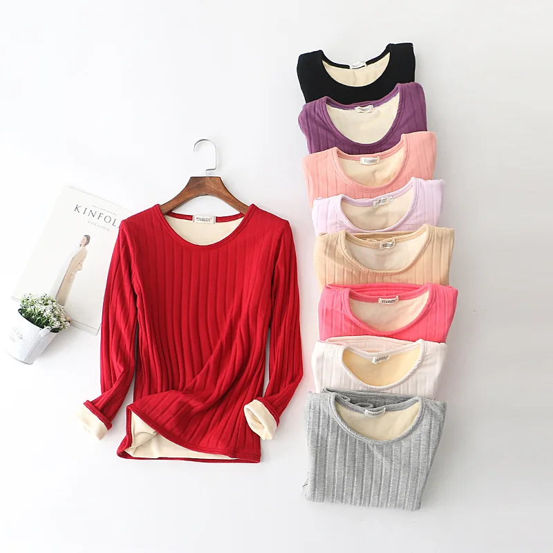 

2021 Winter Warm T Shirt Thick Fleece Thermal Underwear O Neck Long Sleeve Basic Tee Shirt Tops 122569WTA