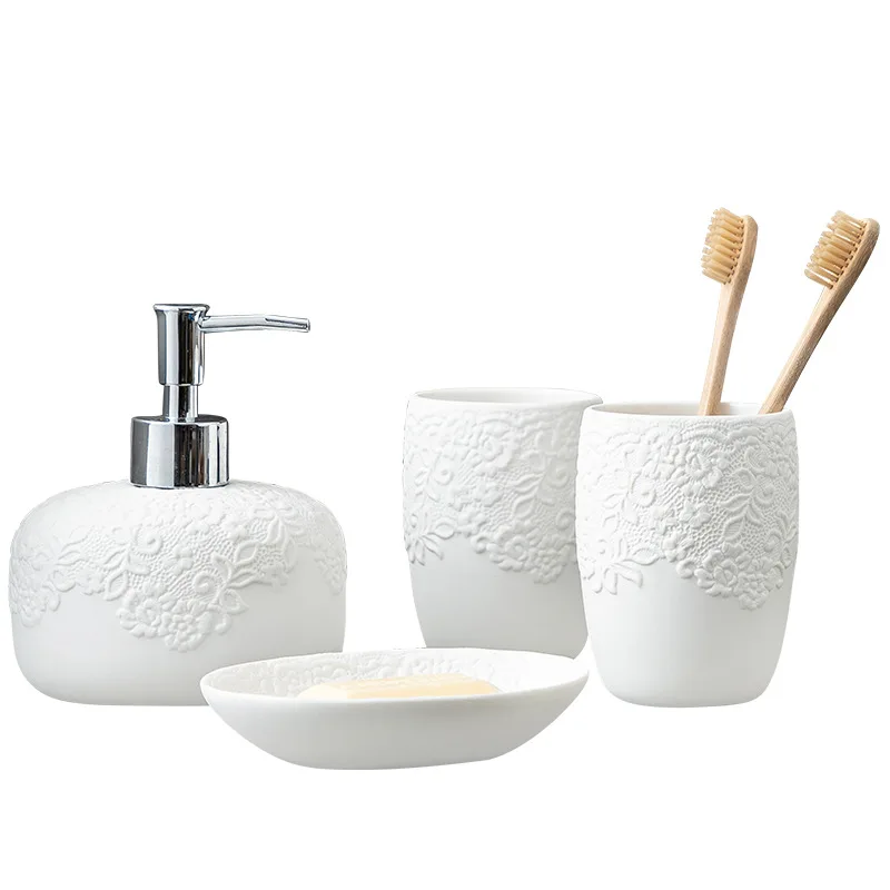 

Nordic ceramics Bathroom Accessories Set Four piece set Couple mouthwash cup Lotion bottle Soap Dish Bathroom Products