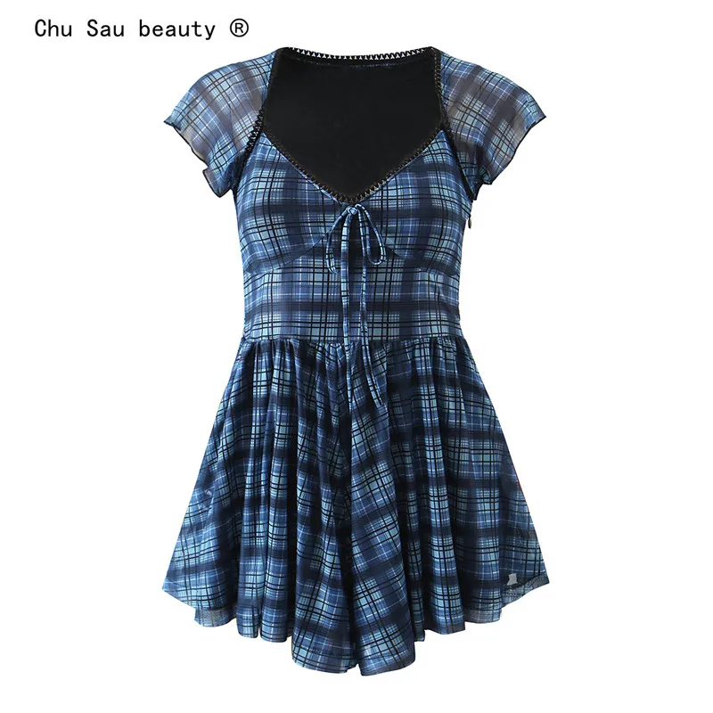 

Женское мини-платье в клетку, облегающее платье с квадратным вырезом и коротким рукавом, лето 2022