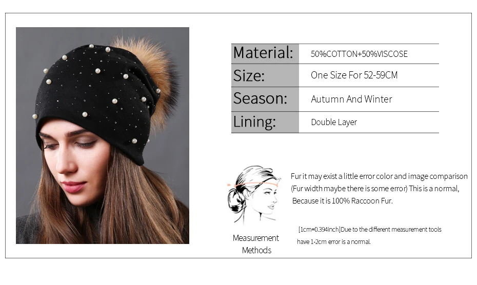New Women's Pearls Beanies Winter Causal Solid Rhinestone Pearl Slouchy Beanies Hat with Raccoon Fur Pompom Femme Black Cap