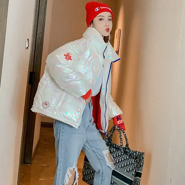 

Женские парки, хлопковая куртка, зимнее пальто, голографическая верхняя одежда белого цвета
