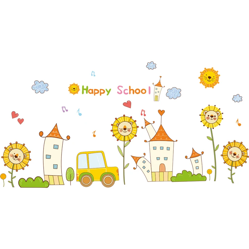 

Happy School Cartoon Wall Stickers for Kids Room Kindergarten Bedroom Decoration Eco-friendly Vinyl Art Decals Wall Decor