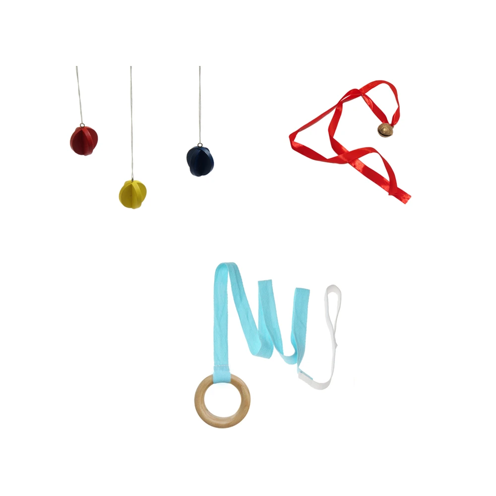

Montessori Baby Toys 3-6 Month Mobiles for Visual and Tactile Experience Three Colored Spheres Bell/ Ring on Ribbon Homeschool