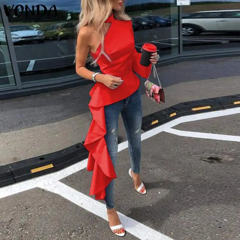 

Women Blouse VONDA 2022 Ladies Off Shoulder Asymmetric Long Shirts Sexy One Sleeve Irregular Office Tops Bohemian Blusas