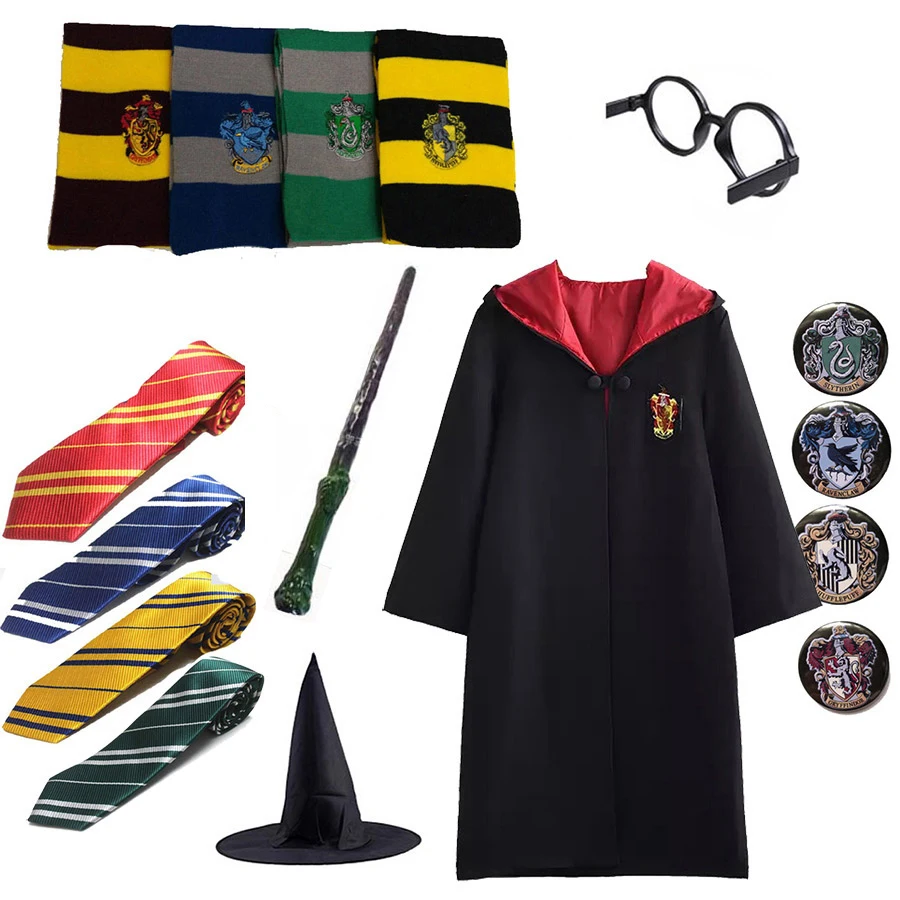 Костюм из Поттера, одежда, галстук, шарф, палочка, очки, шляпа Ravenclaw Gryffindor Hufflepuff Slytherin Potter, косплей, халат, плащ E2103AD