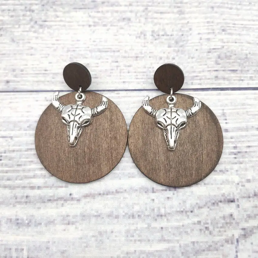 

Bohemian Women's Retro Wood Round Double-layered Silver Color Fishbone Elephant Bull Skull Alloy Pendant Earrings