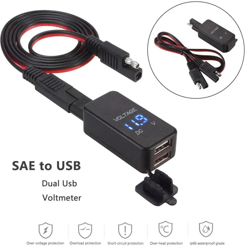 

12V Motorcycle SAE To USB Dual Port Charger Cable Adapter Inline Fuse Waterproof