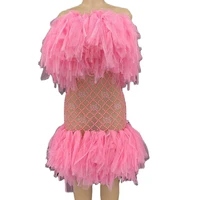 feather dresses gauze beading plaid sleeveless knee length party evening costume club stage clothing stage wear lady