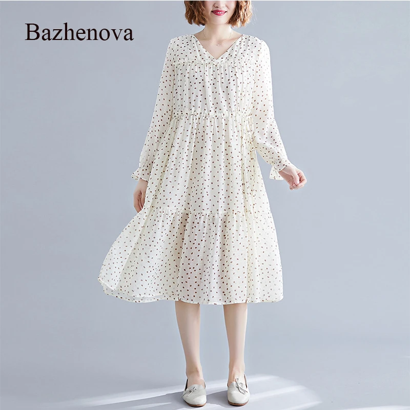 【Bazhenova】женское платье цельное в горошек с принтом осеннее для девочек v образным