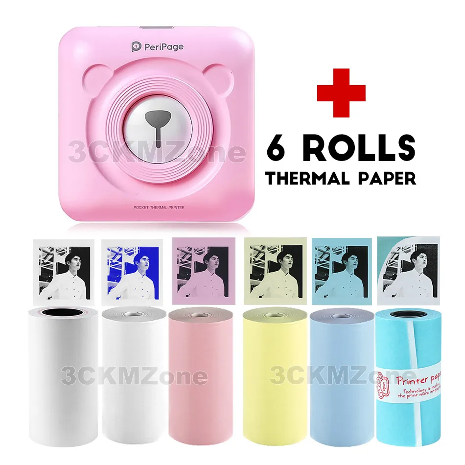 Pink-6-ROLLS Paper Портативный Bluetooth беспроводной фото принтер для печати Карманный PeriPage A6 Мини-термопринтер USB-подключение Impresoras Fotos - Цвет: Pink-6-ROLLS Paper