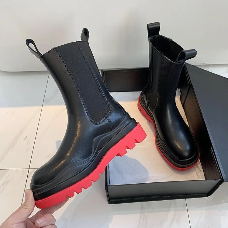 

bottom medium the same leather British boots boots high top short boots thick women's handsome Chelsea red