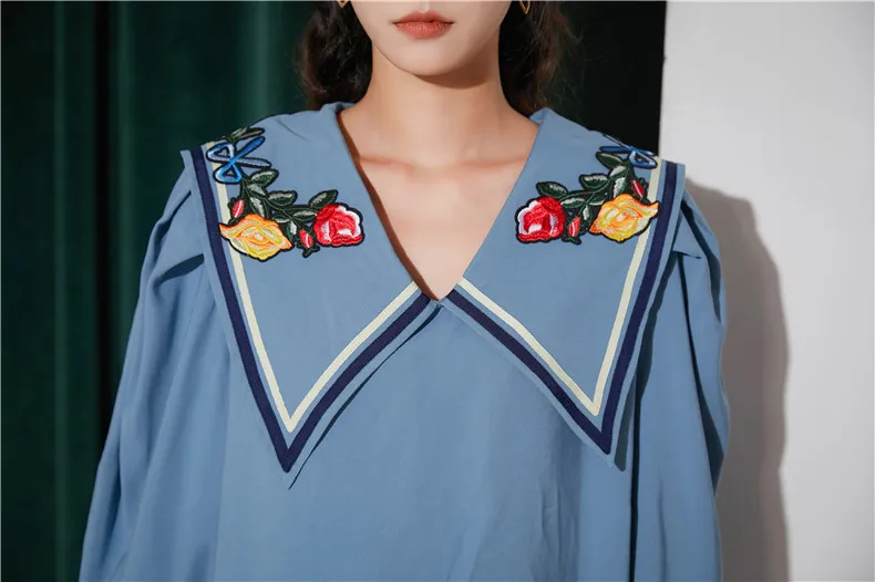 

Sailor Collar Puff Sleeve Blue Blouse Women Vintage Long Sleeve Floral Embroidered Top Loose Fall 2020 Women Clothing V131