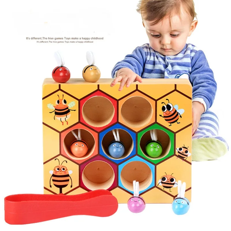 

Hot Wooden Leaning Educatinal Toys Children Montessori Early Education Beehive Game Childhood Color Cognitive Clip Small Bee Toy