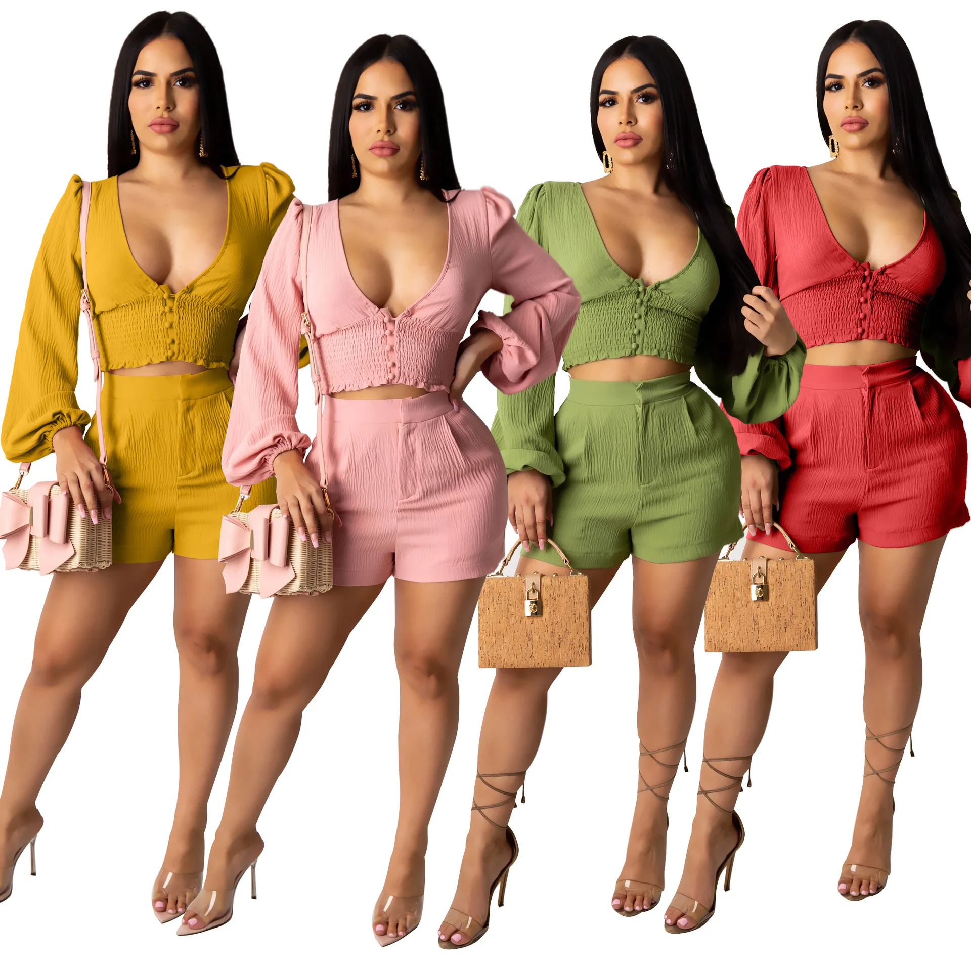 

2020 New Women Set Sexy V Neck Long Puff Sleeve 2 Piece Set Crop Top Blouse And High Waist Shorts Pants Solid Outfits Set S-2XL