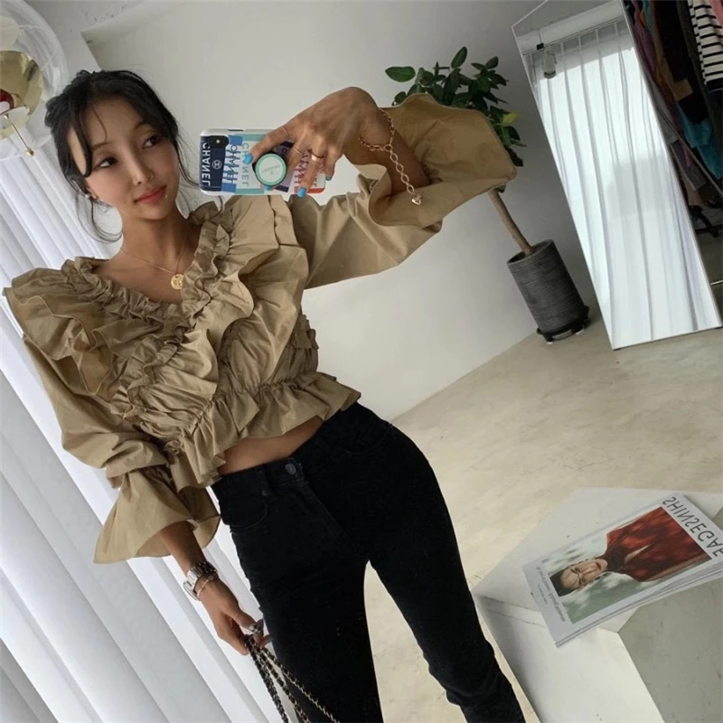 

New Fall Sexy V-neck Short Blouses Women Korean Retro Casual Multi-layered Ruffle Elastic Waist Office Lady Shirts Females Top