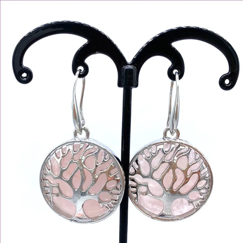 

Tree of Life Silver Plated Round Rose Pink Quartz Drop Earrings for Women Tiger Eye Stone Jewelry