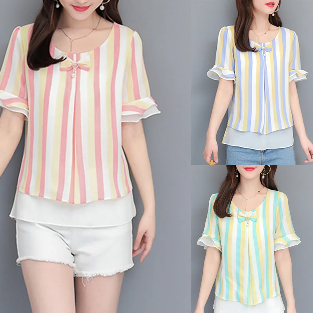 Полосатая шифоновая футболка женские летние футболки с оборками короткий рукав