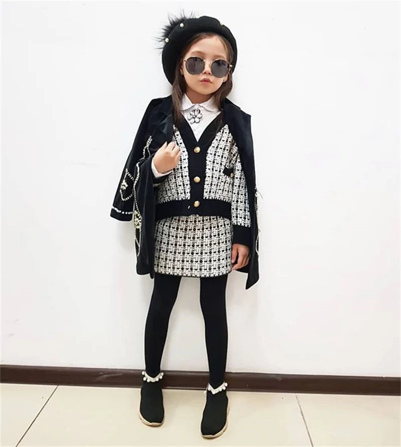 

Vintage Baby Girls Winter Clothes Sets Long Sleeve V-Neck Button Plaid Coat Tops & Skirts Formal Outfits