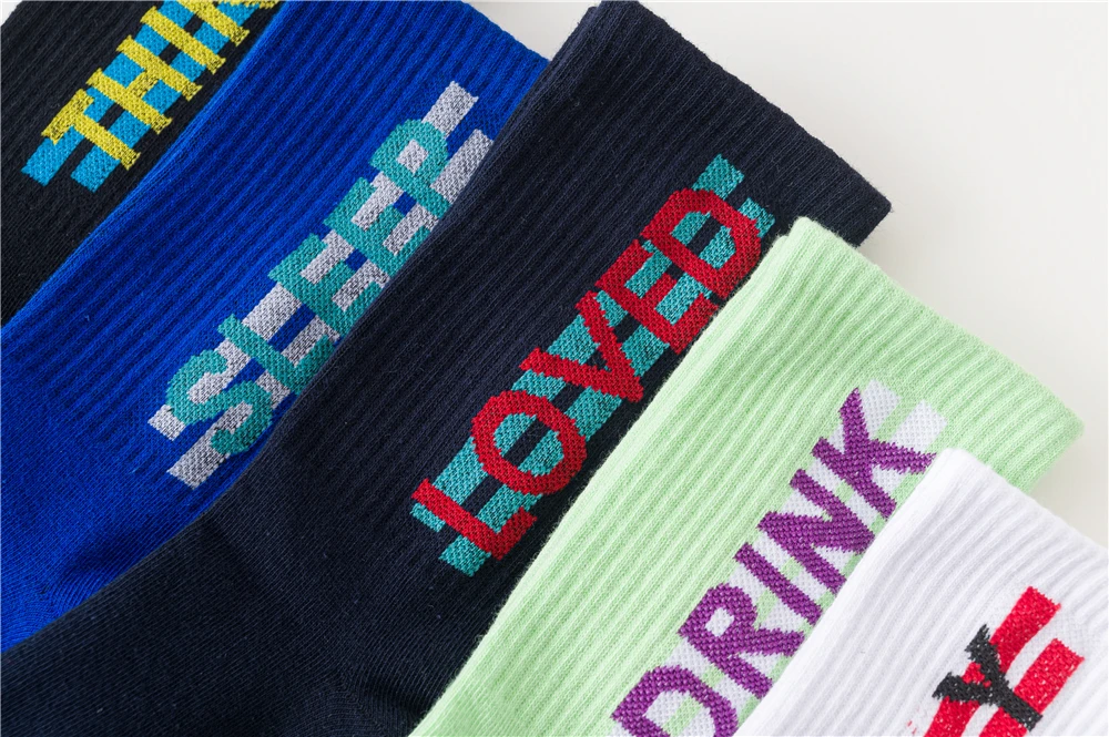 Women's Funny Words Loved Think Drink Sleep Play Lettered Striped Art Socks Couples Skateboard Hipster Street Dance Harajuku Sox