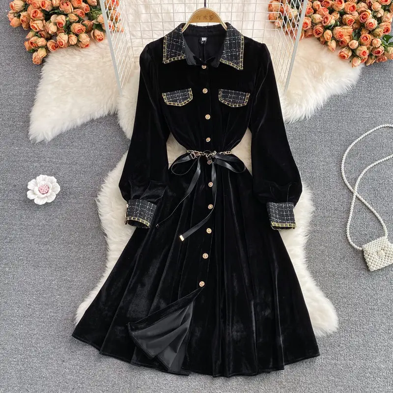 

Autumn And Winter French Retro High-End Belt Lapel Velvet Dress Elegant Temperament Slim Fashion Tweed Plaid Splice Robes M2229