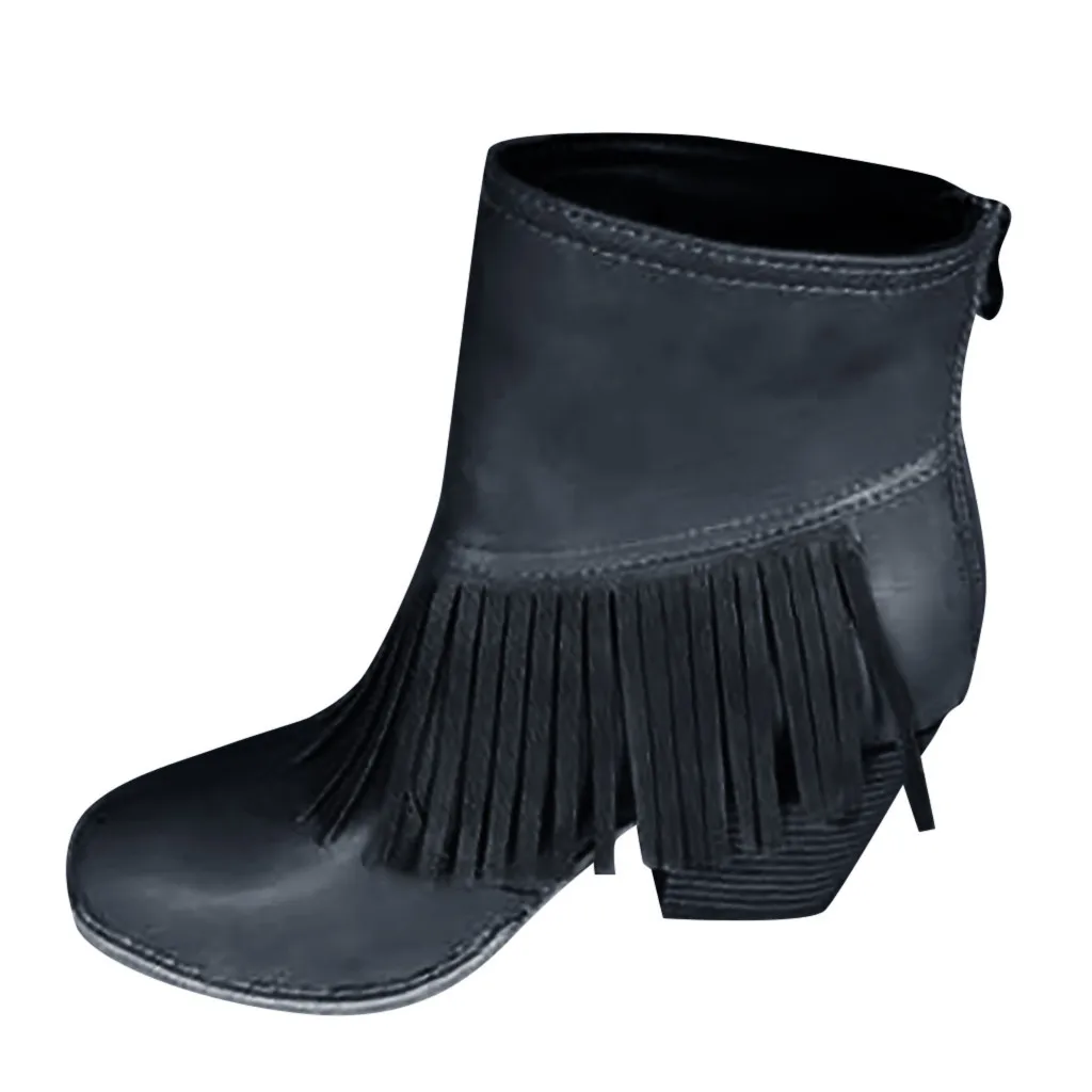 Womens tassel Winter Boots Leather Wedges Round Toe Keep Warm Zipper Thick Heel Comfortable Shoe woman Ankle botas mujer | Обувь