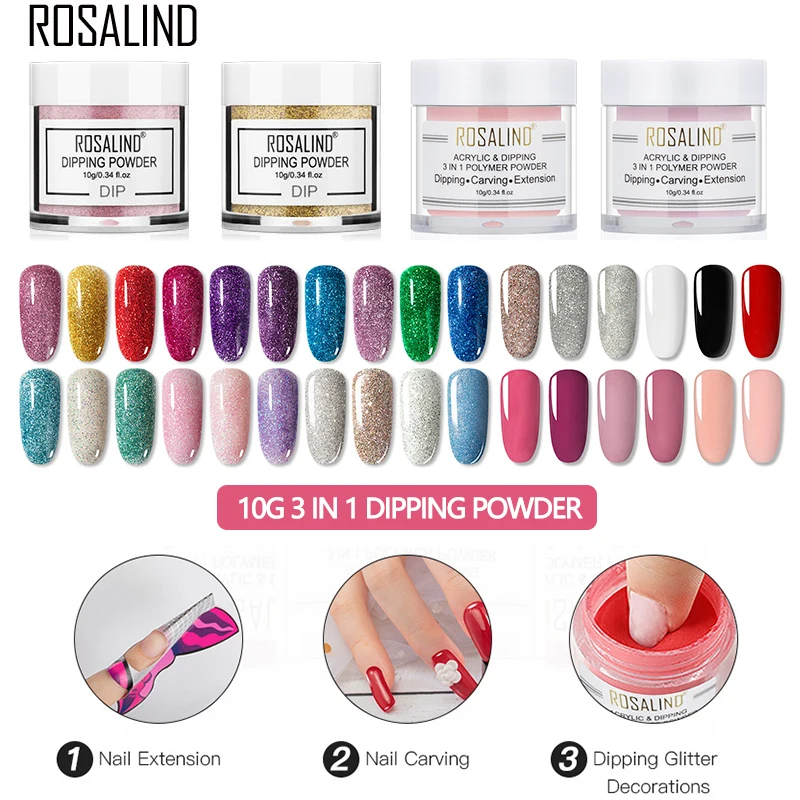 

ROSALIND 3 In 1 Crystal Acrylic Powder Nail Glitter Dipping Powder Nail Art Design Decorations Powder Semi-permanent Nail Powder