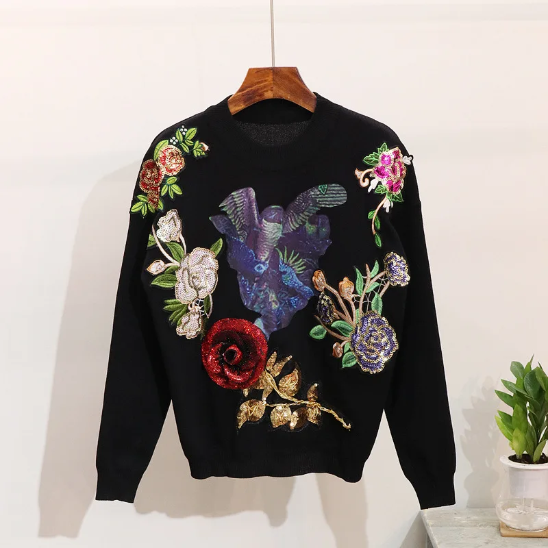 Womens Sequin embroidery Tracksuit Jogging Athletic Jacket + Pants Sportswear Floral Warm Winter enlarge