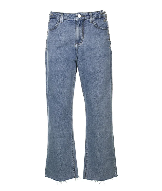 

New women's irregular chain slit high-waist denim straight-leg pants