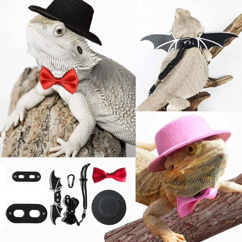 

Lizard Traction Rope Hat Bow Tie Soft Leather Reptile Bearded Dragon Harness Leash Halloween Costume Clothes Pet Supplies for