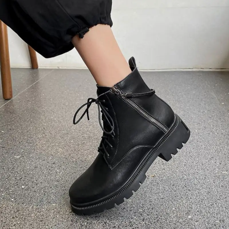 

KEMEKISS Size 33-41 Real Leather Ankle Boots Shoes Round Toe Zipper Cross Strap Low Heel Outdoor Fashion Winter Female Footwear