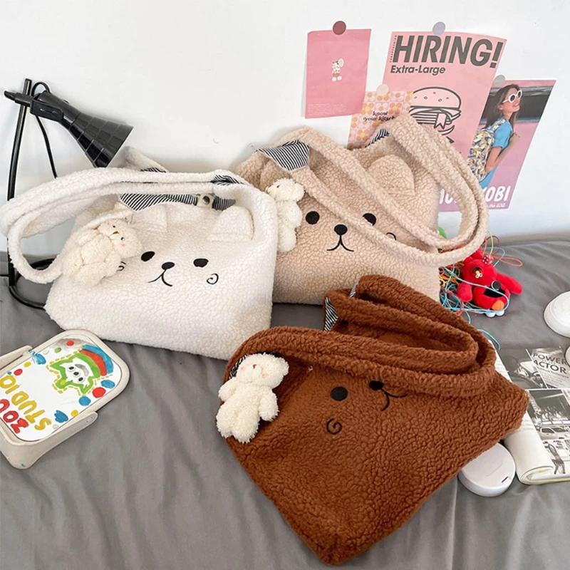 

Winter Soft Plush Tote Bag Women Cartoon Embroidery Imitation Lamb Hair Shoulder Bag For Women 2021 New Shopper Bag