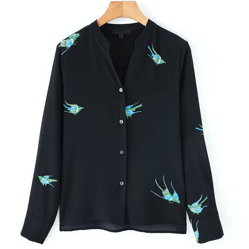 Женские рубашки из натурального шелка с длинным рукавом и V образным вырезом