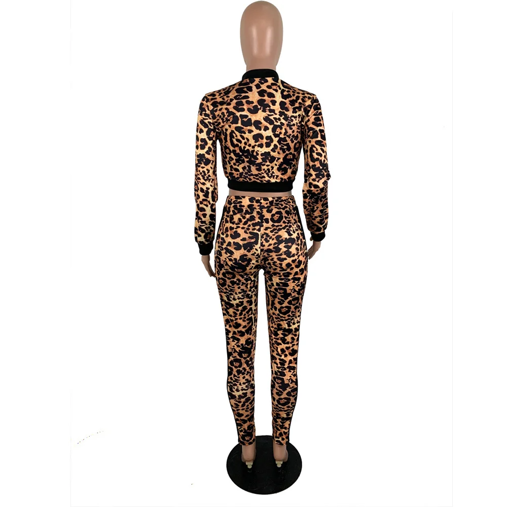 

Cheetah Leopard Spliced Long Sleeve Crop Tops and Skinny Pencil Legging Women's Tracksuit Vintage Casual Zipper Two Piece Outfit