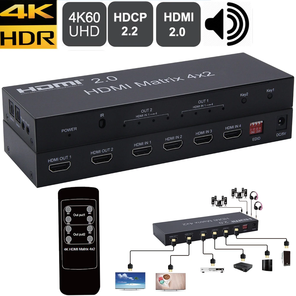 

2.0 HDMI matrix 4X2 HDMI 2.0 Matrix 2X2 2X4 with HDMI toslink audio out 4K 60Hz HDR HDCP HDMI matrix Switcher splitter