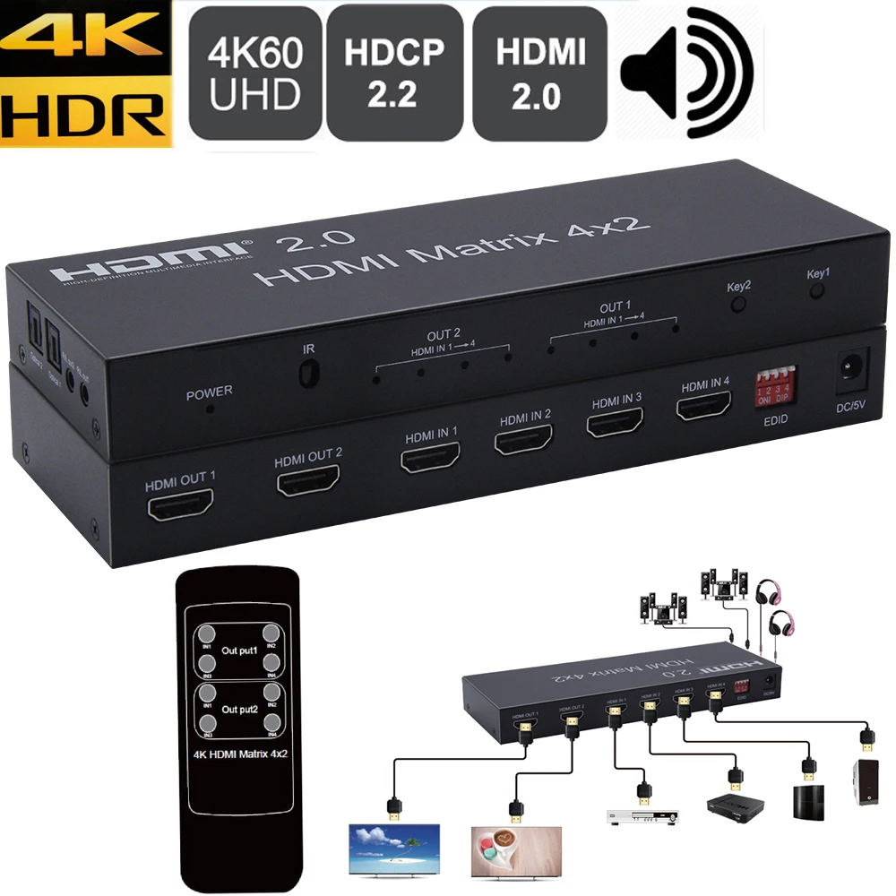 

2,0 HDMI матрица 4X2 HDMI 2,0 матрица 2X2 2X4 с HDMI toslink аудио выход 4K 60 Гц HDR HDCP HDMI матричный коммутатор сплиттер