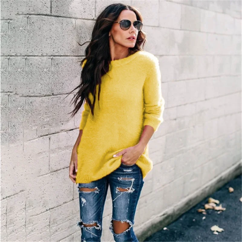 Осенние женские свитера, повседневный однотонный вязаный пуловер с круглым вырезом и длинным рукавом, Женский вязаный свитер размера плюс S-5XL, 12 цветов