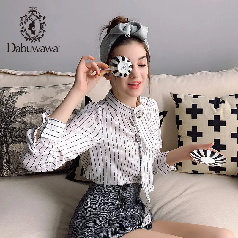 Dabuwawa, топ в полоску с отделкой, короткий рукав, блузка для женщин, осень, рабочая одежда, Офисная Леди, Повседневная тонкая рубашка, блузки DN1DST009