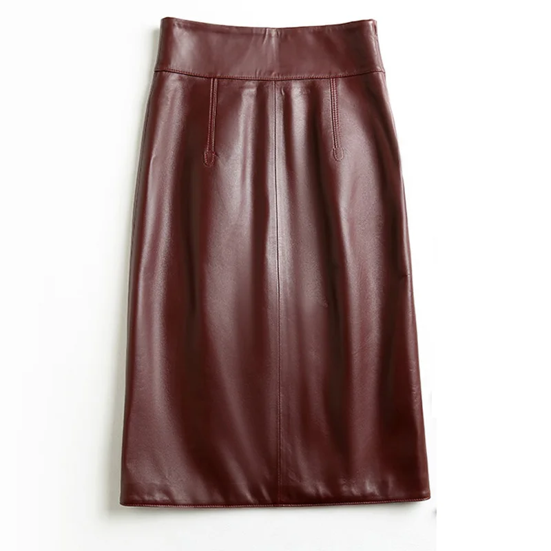 Spring Female Genuine Leather Skirts Women High Waisted Wrap Skirt Mujer Knee Long Wine Red/Black Split Sexy Saia With Pocket OL