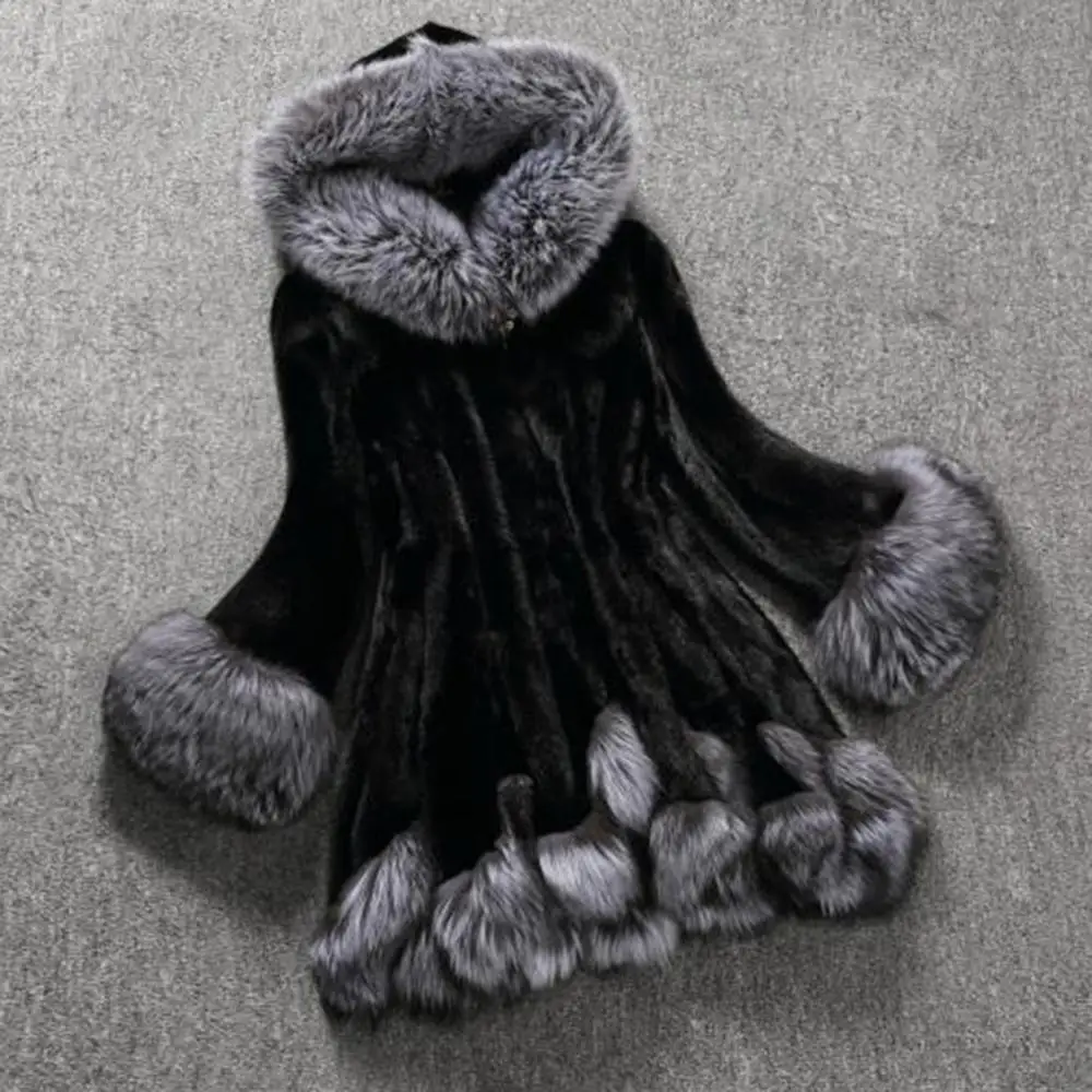 2022 Winter Hooded Faux Fur Coat for Women Plush Long Sleeve Button Jacket Long Octopus Overcoat Cardigan Casual Warm Outwear