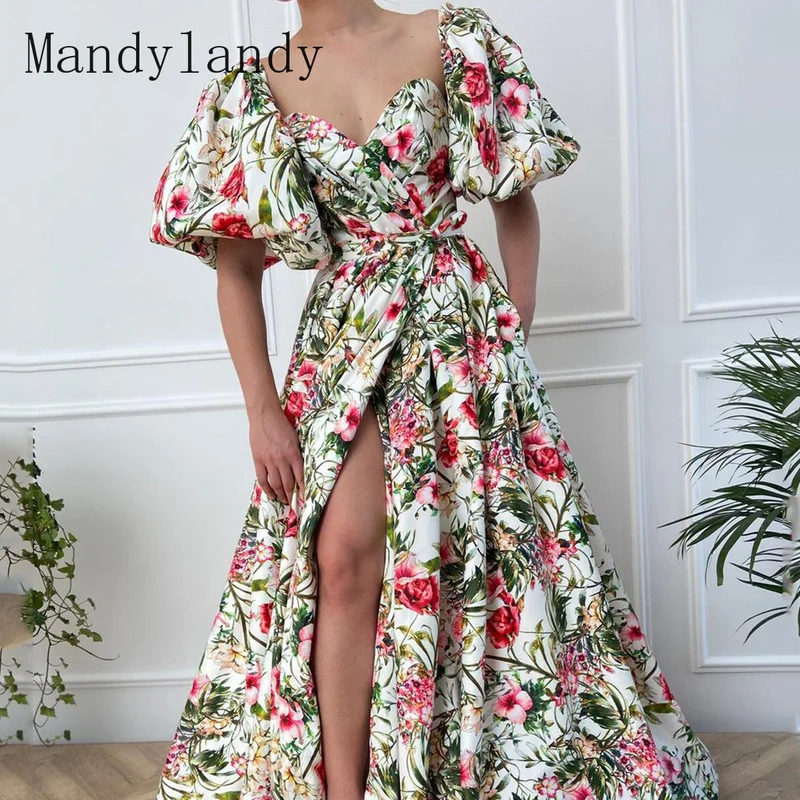 

Mandylandy Women's Elegant Floral Print Chiffon Dress Ladies Sexy Short Puff Sleeve V Neck High Waist Corset Slit Evening Dress