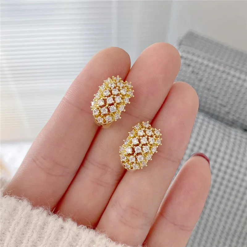 

New jewelry design Ins Hot Sale 14K Real Gold Full Diamond French Retro Stud Earrings for Women Cubic Zircon ZC Earrings