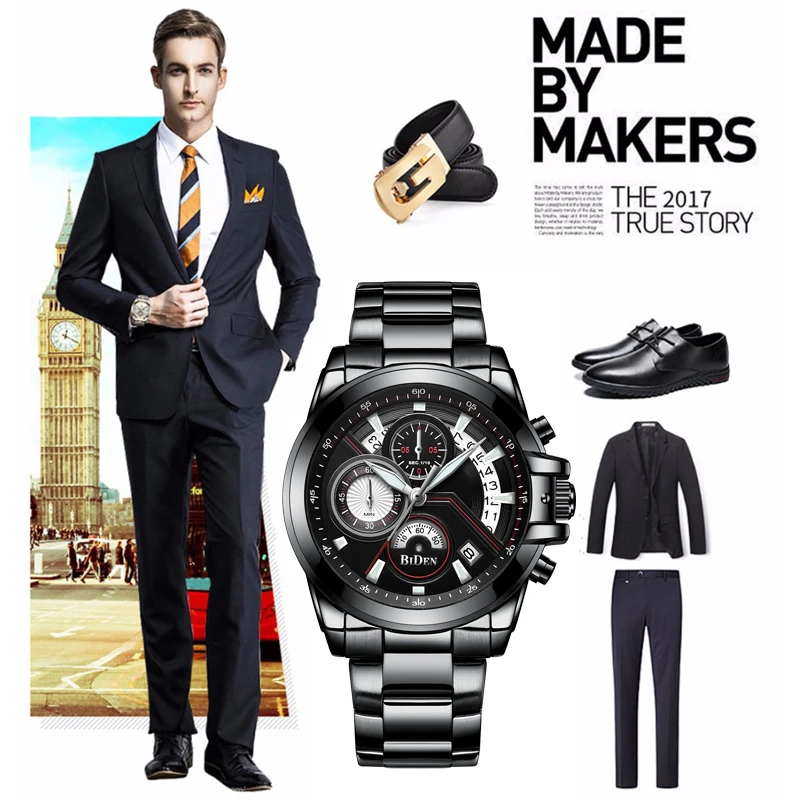 

BIDEN Mens Watches 3 Dial Erkek Kol Saati Business Male Clock Black Stainless Steel Waterproof Top Brand Quartz Wrist Watches