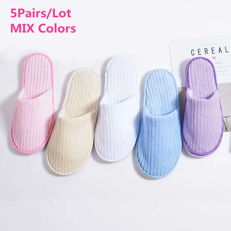 5 Pairs/Lot Mix Colors Men Women Disposable Hotel Slippers Cotton Slides Home Travel SPA Slipper Hospitality Cheap Footwear images - 6