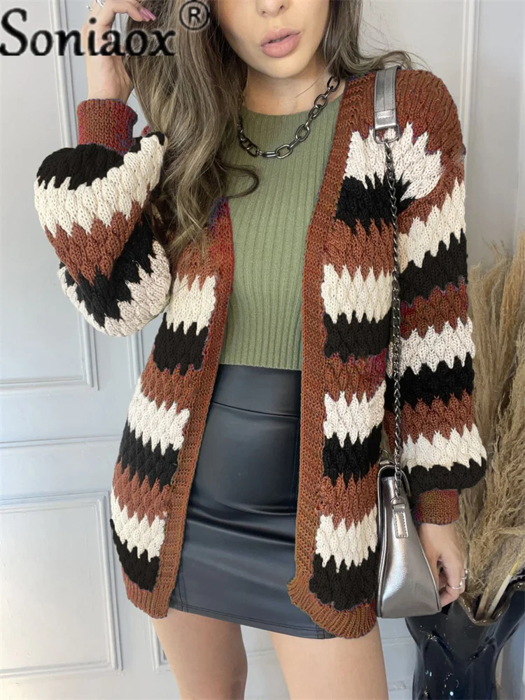 

2021 New Cardigan Coat Womens Color Block Striped Sweater Ladies Casual Long Warm Sweater Knitted Female Loose Sweater Winter