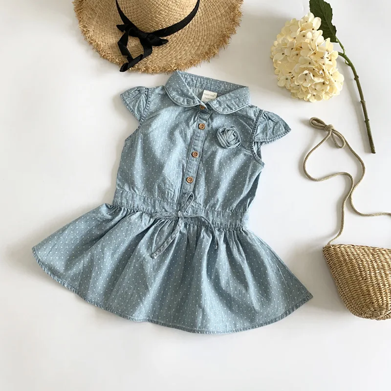 

Denim Dresses Baby Girls Dress fly-Sleeved Summer Polka Dot Fashion Princess Dress Toddler Kids Outfits Clothes European Style