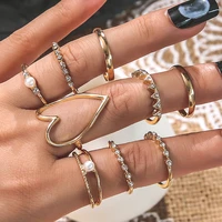 ocean 9pcsset bohemian vintage gold color big heart pearl kunckle finger rings set for women rhinestone fashion jewelry mujer