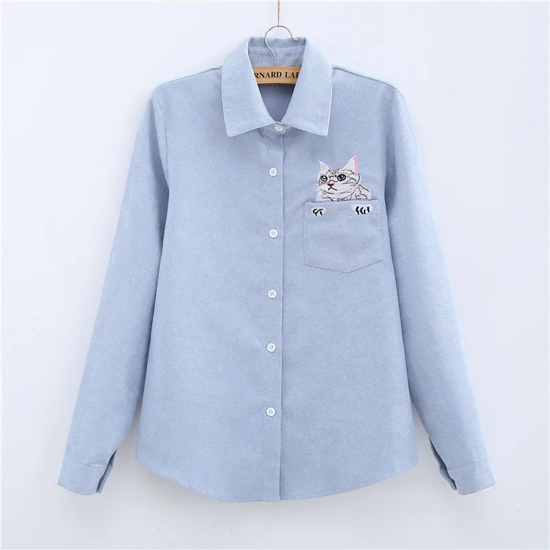 Женская Вельветовая блузка с вышивкой кошки длинным рукавом | одежда